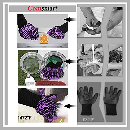 Comsmart BBQ Gloves, 1472 Degree F Heat Resistant Grilling Gloves Silicone Non-Slip Oven Gloves Long Kitchen Gloves for Barbecue, Cooking, Baking, Cutting - color: Purple, size: long
