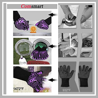 Comsmart BBQ Gloves, 1472 Degree F Heat Resistant Grilling Gloves Silicone Non-Slip Oven Gloves Long Kitchen Gloves for Barbecue, Cooking, Baking, Cutting - color: Purple, size: long