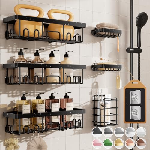 Veken Shower Caddy 6-Pack, Advanced Rustproof Design, No Drilling Adhesive Shelves, Rack with Soap Holder, Large Capacity Bathroom Organizers and Storage, Wall-Mounted, Gifts for Women Mom - color: Black