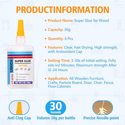 Super Glue for Woodwork with Anti Clog Cap. 6 x 1 fl oz,CA Glue - Clear Adhesive Cyanoacrylate Glue for Furniture, Garden, Crafts, DIY, Metal to Wood, Quick Dry - style: Wood-Glue