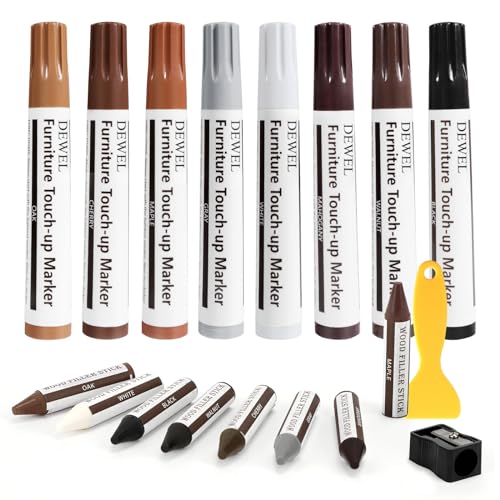 DEWEL Furniture Markers Touch Up, 17 Pcs Wood Scratch Repair Kit, Upgrade Wood Furniture Repair Markers and Wax Sticks for Stains, Scratches, Wood Floors, Tables, Bedposts - color: Markers