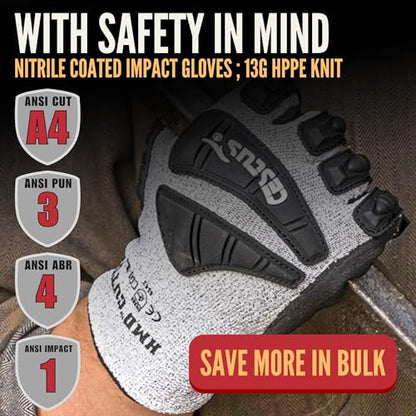 Cestus 3008, ANSI A4 Cut-Resistant Impact Gloves (1,3,12,48 Pairs) Nitrile Coated, Heavy Duty Work Gloves for Construction - size: X-Large, style: 48 Pairs