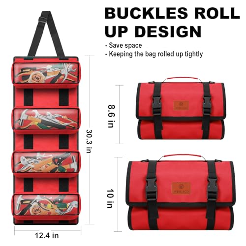 Canvas Tool Roll Up Bag, Multi-Purpose Wrench Organizer, Hvac Tool Bag with 4 Pockets (Red) - color: Red, size: 4 Zipper Pockets