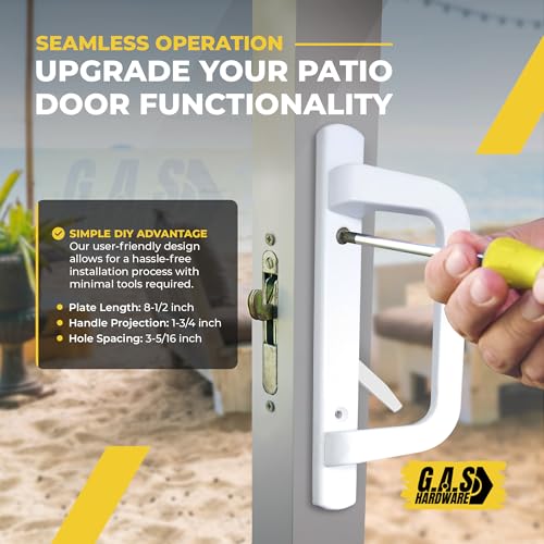 8.5" White PGT Sliding Glass Patio Door Complete Handle Set Replacement Repair Kit Set | Mortise Lock, Keepers, Screws, Thumb Latch Lever, Locking Mechanism | 45 Degrees + 3-15/16" Hole Spacing - color: White