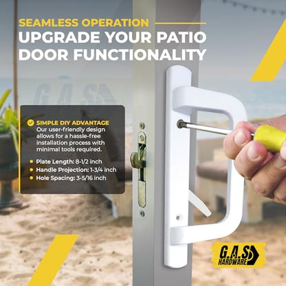 8.5" White PGT Sliding Glass Patio Door Complete Handle Set Replacement Repair Kit Set | Mortise Lock, Keepers, Screws, Thumb Latch Lever, Locking Mechanism | 45 Degrees + 3-15/16" Hole Spacing - color: White