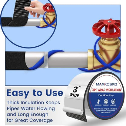 MAXKOSKO Pipe Insulation Tape, 13 Ft x 3 in Outdoor Water Pipe Wrap Insulation Roll, Foam Insulated Wrap Self-Adhesive for Pipe Freeze Protection, Heat Tape for Water Pipes, Copper PVC AC Line - style: 3 in x 13 ft