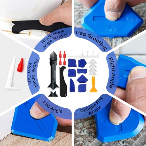 Caulking Tool Kit,Caulk Remover Tool,3 in 1Silicone Caulking Tool Kit, Grout Scraper, Reuse and Replace 5 Silicone Pads, Bathroom, Kitchen, Floor, Window, Sink Joint, Frames Seal Tools (23 PCS)