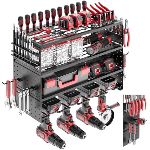 Power Tool Organizer Wall Mount - 4 Layer Metal Power Tool Storage Rack, Cordless Drill Holder with 4 Hooks, Utility Storage Rack for Garage Workshop Shed Pegboard - color: Black, size: 4 Drills Holder