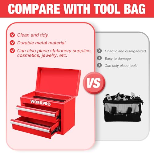 WORKPRO Metal Mini Tool Box, Top Tool Chest containing Two Drawers with Ball Bearing Slides, PVC Drawer Liners and PP Feet Pads, Durable Cold Rolled Steel Small Toolbox for Multi-Purpose Storage - color: Red