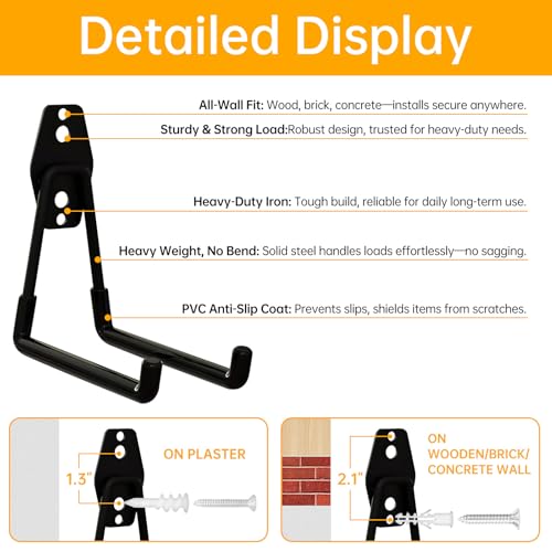 WIN&YING 6 Pack Steel Garage Storage Hooks, Heavy Duty Wall Mounted Storage Hanger, Anti-Slip Tool Organizer for Hanging Ladders, Hose, Bulk Items, Power and Garden