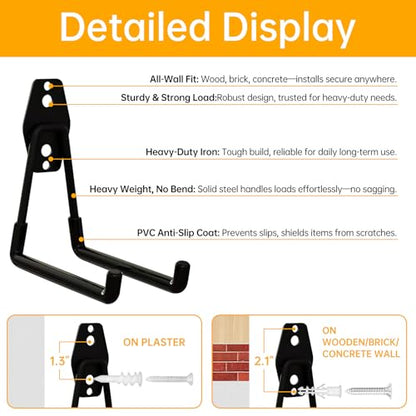 WIN&YING 6 Pack Steel Garage Storage Hooks, Heavy Duty Wall Mounted Storage Hanger, Anti-Slip Tool Organizer for Hanging Ladders, Hose, Bulk Items, Power and Garden
