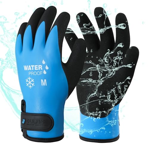 DULFINE 100% Waterproof Work Gloves for Men & Women, Foam Latex Coated Grip, Thermal Winter or Touchscreen Multi-Packs - color: Blue - Thermal (Strap), size: X-Large