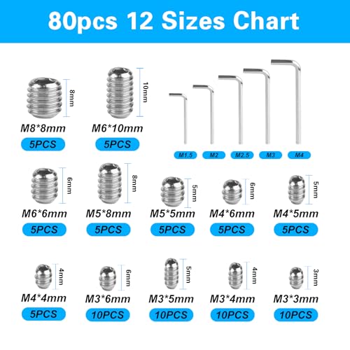 80 pcs Set Screws, Set Screws Assortment Kit, Grub Screws M3 M4 M5 M6 M8 for Home Repair, Repair Furniture, Electronic Product, Install Door Lock, DIY, Fixtures, 12 Sizes - size: 12Size（80pcs Stainless Steel）