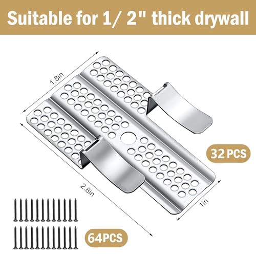 moonoom 32 Pack Drywall Repair Clips, 1/2 inch Drywall Fastener Clip with 64 Screws, Stainless Steel Wall Patch Clips for Damaged Walls Repairing - color: 32 Pcs