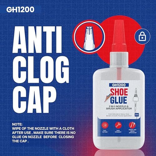GH1200 20g Shoe Glue Heavy Duty with Brush Applicator & Nozzle, Shoe Glue Sole Repair, Fixes Sneakers, High Heels, Crocs & More, can Bear Extreme Conditions - style: 20g Shoe Glue Brush & Nozzle
