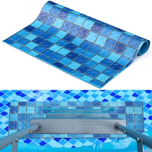 Drydiet Pool Step Mat Above Ground Ladder Mat, Swimming Protective Nonslip Step Pad with Texture, Pool Essentials Accessories for Floor Liners and Stairs, Blue and Green Square Pattern(36 x 9 Inch) - size: 36 x 9 Inch