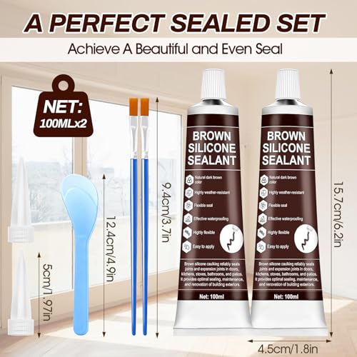 2 PCS Brown Caulk, 100% Waterproof Brown Silicone Caulk for Bathroom Shower Kitchen Tile Floor Sealing, Stronger Adhesion, Shrink & Crack Proof, with a Scraper for Applying Evenly, 100mlx2 - style: Brown