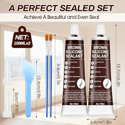 2 PCS Brown Caulk, 100% Waterproof Brown Silicone Caulk for Bathroom Shower Kitchen Tile Floor Sealing, Stronger Adhesion, Shrink & Crack Proof, with a Scraper for Applying Evenly, 100mlx2 - style: Brown