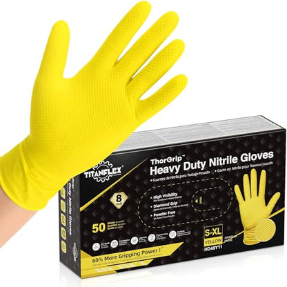 TitanFlex Heavy Duty Industrial Nitrile Gloves with Raised Diamond Texture, 8-mil, Latex Free (Green/Dark Green/Yellow) - color: 07 Yellow (50ct), size: Large