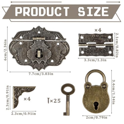 Jewelry Box Hinges Hasp Catch Lock, Antique Engraved Latch and Box Corner Protectors Hardware Kit Brass Hasp Clasp Latch Lock with Screws for DIY Wooden Case Furniture Cabinet Suitcase Decoration