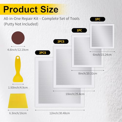 6/8/10/12 Inch Drywall Repair Kit, 6PCS Heavy Duty Self-Adhesive Mesh Patch Kit for Large Holes - Includes Scraper & Sandpapers, Ideal for Drywall, Sheetrock, Wall and Ceiling Repairs - size: 6PCS - 6", 8", 10", 12"