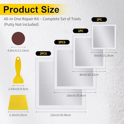 6/8/10/12 Inch Drywall Repair Kit, 6PCS Heavy Duty Self-Adhesive Mesh Patch Kit for Large Holes - Includes Scraper & Sandpapers, Ideal for Drywall, Sheetrock, Wall and Ceiling Repairs - size: 6PCS - 6", 8", 10", 12"
