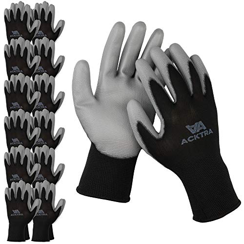 ACKTRA Ultra-Thin PU Safety WORK GLOVES 12 Pairs, WG002 Black/Grey, Large - color: Black/Grey, size: Large (Pack of 12)