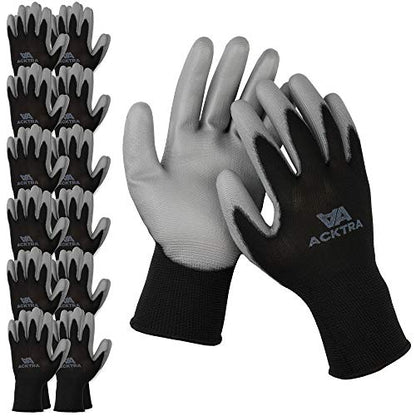 ACKTRA Ultra-Thin PU Safety WORK GLOVES 12 Pairs, WG002 Black/Grey, Large - color: Black/Grey, size: Large (Pack of 12)