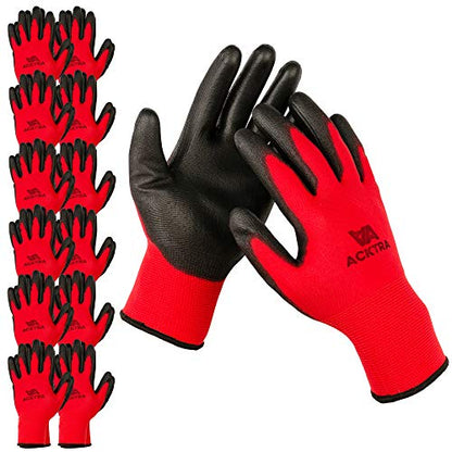 ACKTRA Ultra-Thin PU Safety WORK GLOVES 12 Pairs, WG002 Red/Black, Large - color: Red/Black, size: Large (Pack of 12)
