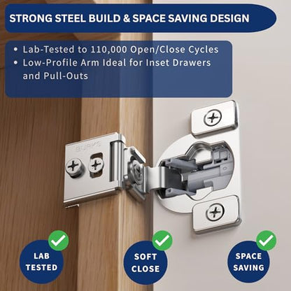 Burks Hinges 30 Pack 1 13/32'' Overlay Soft Close Hinges for Kitchen Cabinets Anti-Rust Self Closing Concealed Hinges Installation Instruction and Screws Included - size: 1 13/32'' Overlay