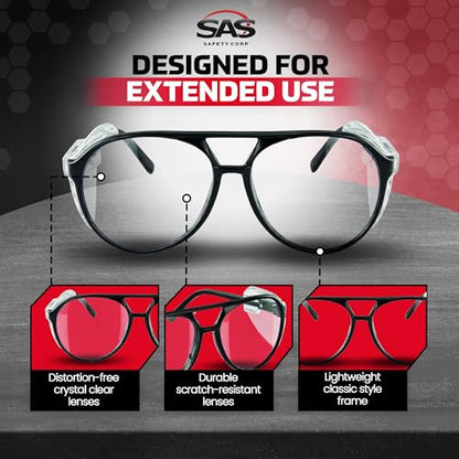 SAS Safety Safety Glasses | Polycarbonate Impact Resistant, Clear Lens Protective Eyewear | UV Protection | ANSI Z87.1 - size: One Size