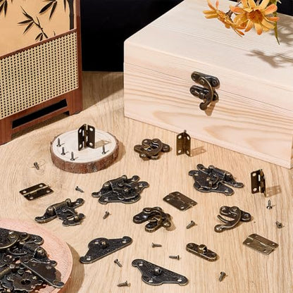 PH PandaHall 36pcs Retro Jewelry Box Hinges and Latches Hardware Box Lock Kit Antique Right Latch Hasp Hooks Set with Screws and Screwdriver for DIY Jewelry Cabinet Furniture (Catch*12 + Hinges*24)