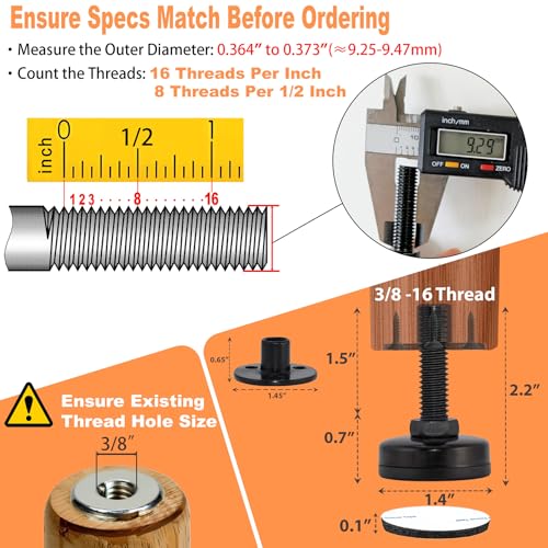 Furniture Leveling Feet Heavy Duty, Adjustable Furniture Feet Levelers Screw on Heavy Duty Desk/Chair/Cabinet/Dresser/Bench Leg Leveler, Round T-Nut Kit 3/8”-16 Thread (8 Pack, Black) - size: SHORT, 8 Pack