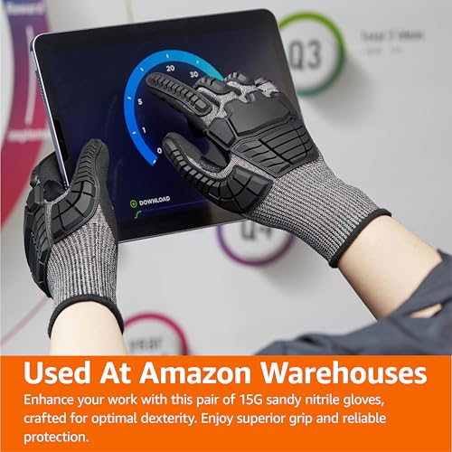 Amazon Basics Impact Protection Work Gloves - Cut Level A2, ANSI Level 4 Abrasion, Touchscreen Compatible, 15G Sandy Nitrile Palm, XX-Large, Black with Black Edge - size: XX-Large