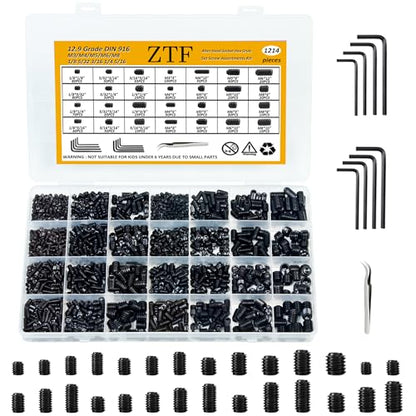 ZTF 1214Pcs Metric & SAE Set Screw Assortment Kit, Internal Hex Drive Set Screws for Bathroom Fixtures, Door Handles, Towel Rack Screws, 12.9 Grade Alloy Steel Grub Screw (M3-M8, 1/8"-40 to 5/16"-18) - size: black-1214pcs