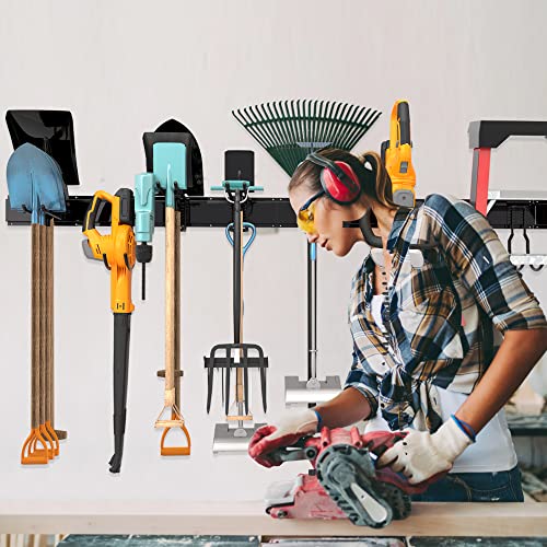 Sttoraboks Garage Tool Storage Rack, Heavy Duty Garage Storage Organizer Rack System Wall Mounted Tool with 6 double hooks, 2 rails, Garden Yard Tools Hanger Rack for Ski Gears, Broom, Rake,Shovel - size: 34inch 2 panels+6 hooks