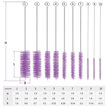 CiaraQ Bottle Cleaning Brushes, 8 Inch Nylon Tube Brush Set, Cleaner for Narrow Neck Bottles Cups with Hook, Set of 10pcs. - color: Purple, size: 8.0 Inch (10pcs)