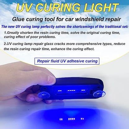 CLAMPER Windshield Repair Kit, Windshield Crack Repair Kit 4 Pcs, Windscreen Repair Kit with Enhanced Injection Head Suction Cup UV Curing Light, Windshield Chip Repair Kit for Bulls-Eye (Yellow)