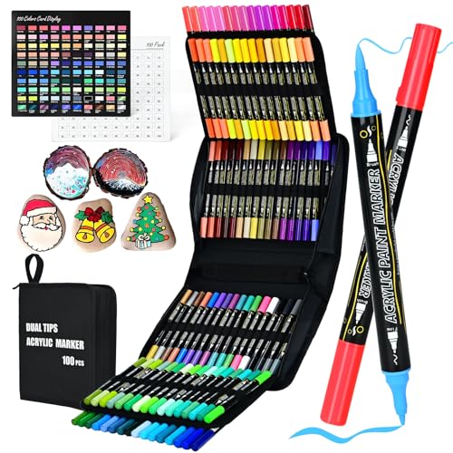 IVSUN 100 Acrylic Paint Markers, 12 Metallic & 88 Regular Colors Dual Tip Metallic Marker Pens for Black Paper, Photo Album, Rock Painting, Glass, Wood, Card Making, Scrapbook Supplies, DIY Crafts - color: 12 Metallic & 88 Regular Colors