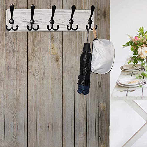 Dseap Coat Rack Wall Mounted - 5 Tri Hooks, Heavy Duty, Wooden Wall Coat Hanger Coat Hook for Clothes Hat Jacket Clothing, White & Black, Pack of 2 - color: White & Black, size: L=17.4"