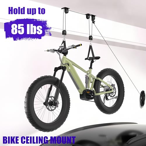 TRUSOON Bike Hoist, Heavy Duty Ebike Lift Pulley System for Garage Ceiling Overhead Storage for Bicycle, Ladders, Snowboard, Holds Up to 85 lbs Capacity, Fit 10-16 Foot High Ceilings