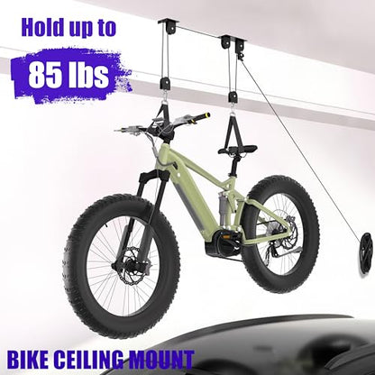 TRUSOON Bike Hoist, Heavy Duty Ebike Lift Pulley System for Garage Ceiling Overhead Storage for Bicycle, Ladders, Snowboard, Holds Up to 85 lbs Capacity, Fit 10-16 Foot High Ceilings
