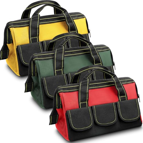 Sanwuta 3 Pack Tool Bag for Men with Waterproof Hard Bottom, Heavy Duty Tool Bag Wide Mouth Tote for Various Instrument, Electrician Carpenter Mechanic(Red, Army Green, Yellow,13 Inch,Classic) - color: Red, Army Green, Yellow, size: 13 Inch, style: Classi