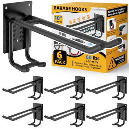 6 Pack Garage Hooks 10 INCH Heavy Duty Two-Tier Steel Shed Wall Mount Workshop Garage Storage Tool Organizer Hooks for Hanging Garden Tool, Hose, Ladder, Chairs, Bikes with Anti-Slip Coating