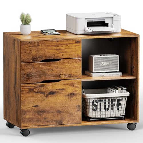 DUMOS Lateral File Cabinet with 3 Drawers Rolling Filing Cabinets Under Desk Storage Printer Stand Wood Organizer with Wheels Adjustable Shelf for Office Home Small Space, Brown - color: Vintage Brown