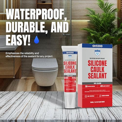 GH1200 White Silicone Sealant - 150 ML/5 FL Oz Waterproof Sealant for Kitchen & Bathroom - Shrink & Crack Proof Silicone Caulk - Indoor & Outdoor Use Sealant - Strong Formula Silicone Adhesive Tube