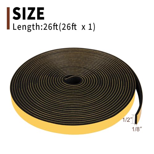Yotache Foam Weather Stripping Seal Tape 1/2" W X 1/8" T for Doors and Windows Gasket Insulation Soundproofing, 26 Ft Length - size: 1/2"x1/8"x26 FT