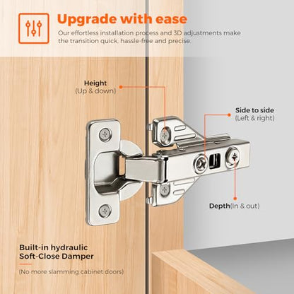 JOY DECOR Full Overlay 4 Packs (2 Pairs) Concealed Kitchen Cabinet Hinges 105 Degree Soft Close Adjustable Cabinet Door Hinges for Face Frame Cabinet