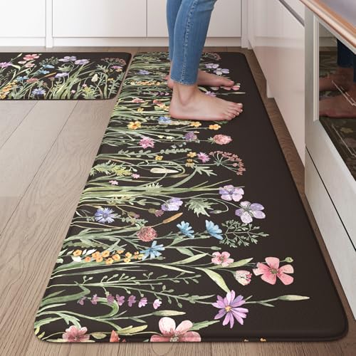 KIMODE Anti Fatigue Kitchen Mats for Floor 2 Piece, Cushioned Farmhouse Kitchen Rugs, Non Slip Kitchen Floor Mats, Comfort Foam Standing Desk Mats for Laundry Office Sink Black 20"x47"+20"x32" - color: Floral/Black, size: 20" x 47"+20" x 32"--0.47 inches