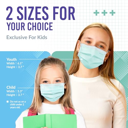Medtecs Kids Face Mask Disposable - 2 Sizes Option (Child/Youth) 50 PCs - Comfy 3-Ply Breathable Children Masks, The Better Choice - Youth | Green - color: 07. Green, size: Youth - 50 PC
